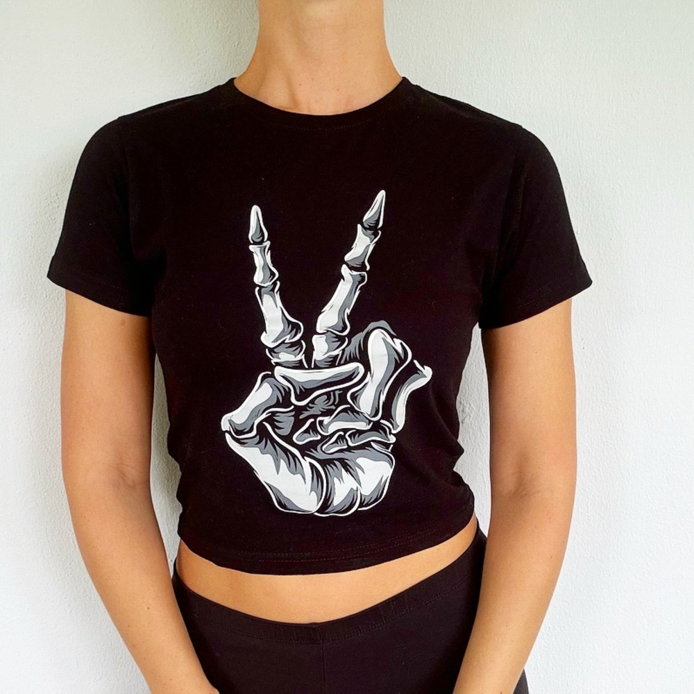 Black skeleton peace sign cotton crop top tee size medium